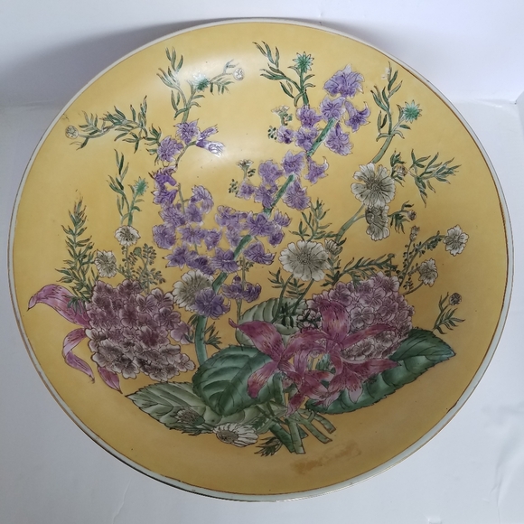 Vtg Oriental Accent Large Porcelain Bowl 13” Decorative Floral Yellow - Picture 3 of 12